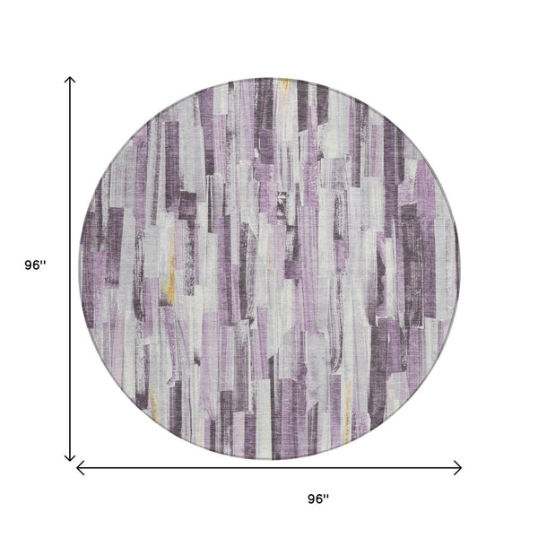 HomeRoots 8' Round Lavender and Ivory Striped Washable Rug - Stylish, Durable, Perfect for Indoor/Outdoor Use 640612