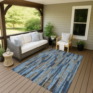 HomeRoots 5' X 8' Navy Blue and Taupe Striped Washable Rug - Durable Indoor/Outdoor Solution for Any Space! 640617