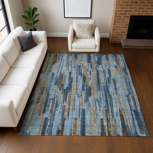 HomeRoots 5' X 8' Navy Blue and Taupe Striped Washable Rug - Durable Indoor/Outdoor Solution for Any Space! 640617