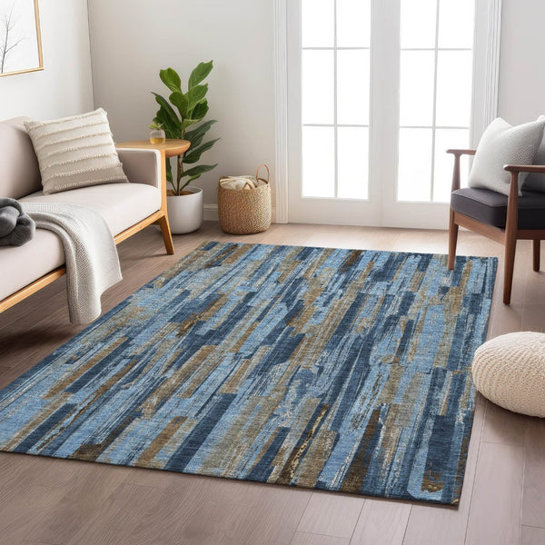 HomeRoots 5' X 8' Navy Blue and Taupe Striped Washable Rug - Durable Indoor/Outdoor Solution for Any Space! 640617