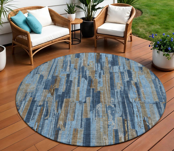 HomeRoots 8' Navy Blue and Taupe Striped Washable Area Rug - Durable, Indoor/Outdoor, Stain-Resistant Design 640618