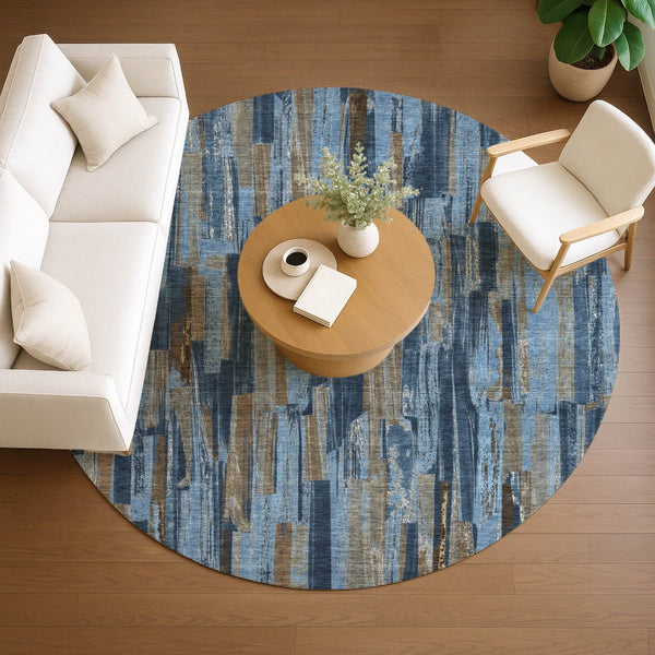 HomeRoots 8' Navy Blue and Taupe Striped Washable Area Rug - Durable, Indoor/Outdoor, Stain-Resistant Design 640618