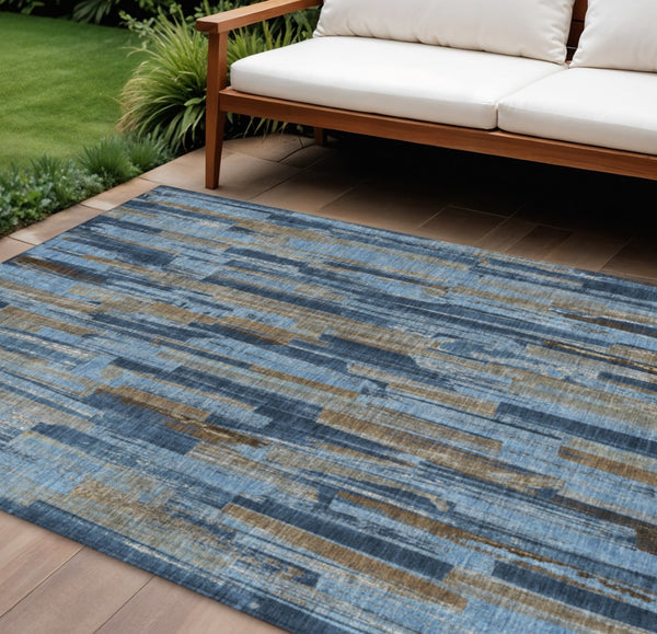 HomeRoots 8' X 10' Navy Blue & Taupe Striped Washable Rug - Durable, Versatile & Ideal for Indoor/Outdoor Use! 640619