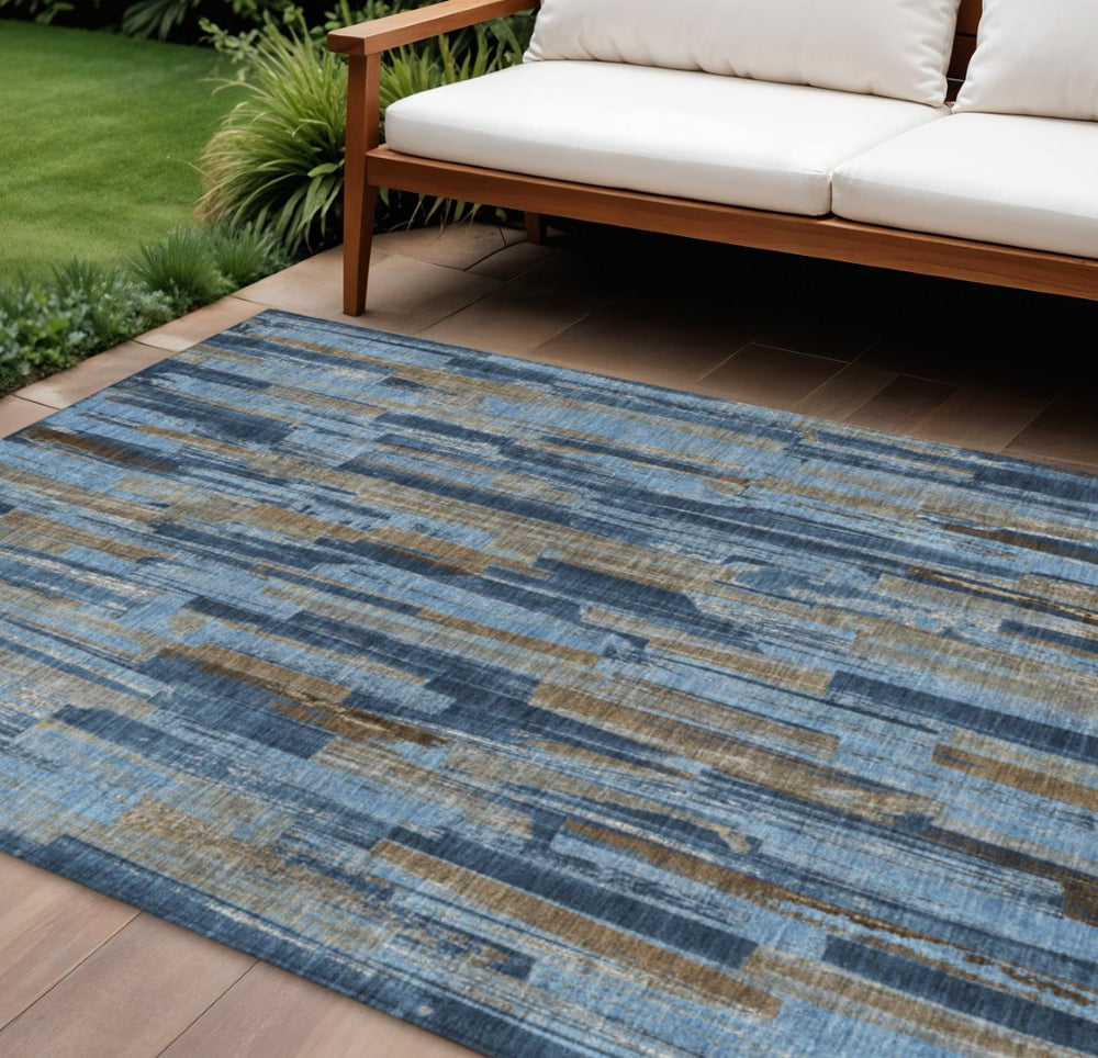 HomeRoots 10' Navy Blue and Taupe Striped Washable Area Rug – Perfect for Indoor & Outdoor High-Traffic Spaces! 640621