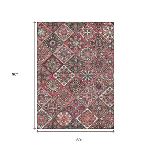 HomeRoots 5' Blush and Green Patchwork Rug - Washable, Durable Indoor/Outdoor Area Rug for Stylish Spaces 640623