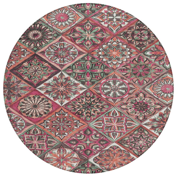 HomeRoots 8' Blush and Green Round Patchwork Rug – Stylish, Washable Area Rug for Indoor & Outdoor Spaces 640624