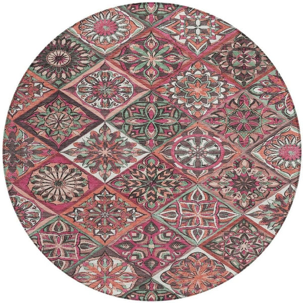 HomeRoots 8' Blush and Green Round Patchwork Rug – Stylish, Washable Area Rug for Indoor & Outdoor Spaces 640624