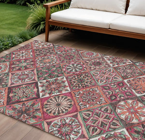 HomeRoots 10' Blush and Green Patchwork Area Rug - Durable, Washable Indoor/Outdoor Design for Versatile Spaces 640627
