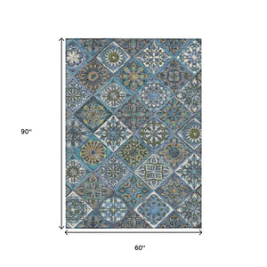 HomeRoots 5' X 8' Coastal Denim Blue & Green Patchwork Washable Rug for Indoor & Outdoor Spaces, Durable Design 640629