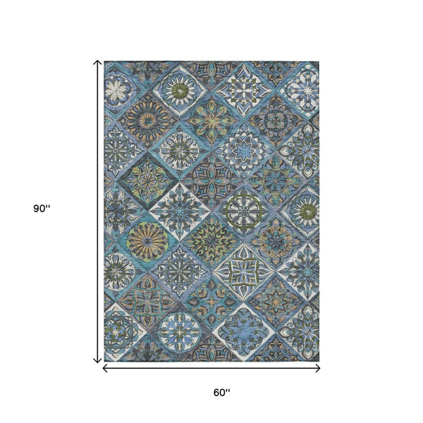 HomeRoots 5' X 8' Coastal Denim Blue & Green Patchwork Washable Rug for Indoor & Outdoor Spaces, Durable Design 640629