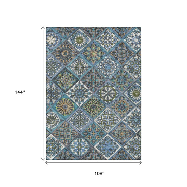 HomeRoots 9' X 12' Denim Blue & Green Patchwork Rug - Durable, Washable, Stylish for Indoor & Outdoor Spaces! 640632