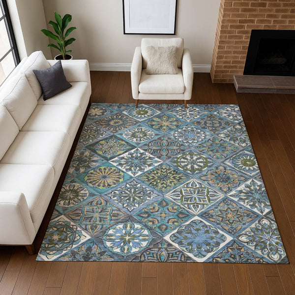 HomeRoots 9' X 12' Denim Blue & Green Patchwork Rug - Durable, Washable, Stylish for Indoor & Outdoor Spaces! 640632