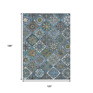 HomeRoots 10' Denim Blue and Green Patchwork Area Rug - Durable, Washable, Indoor/Outdoor, Stain-Resistant! 640633