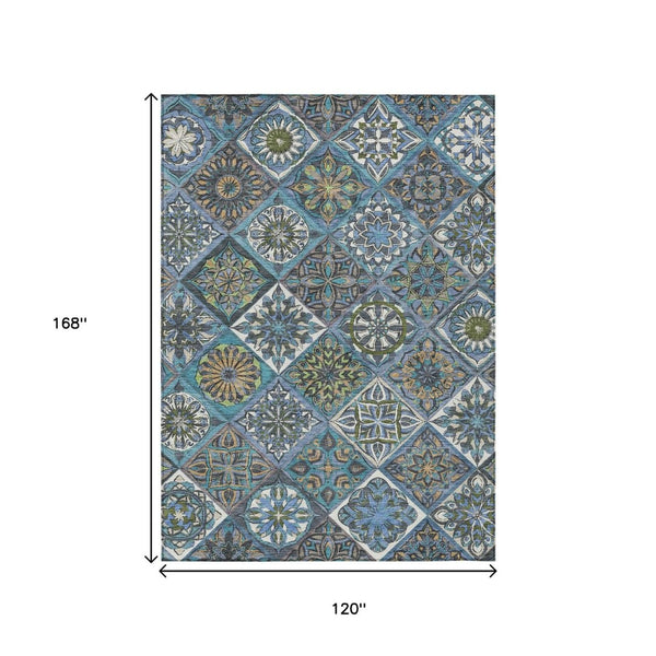 HomeRoots 10' Denim Blue and Green Patchwork Area Rug - Durable, Washable, Indoor/Outdoor, Stain-Resistant! 640633