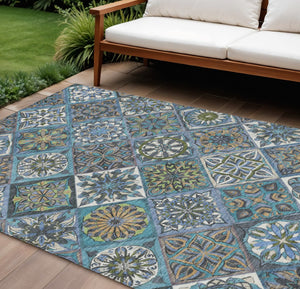 HomeRoots 10' Denim Blue and Green Patchwork Area Rug - Durable, Washable, Indoor/Outdoor, Stain-Resistant! 640633
