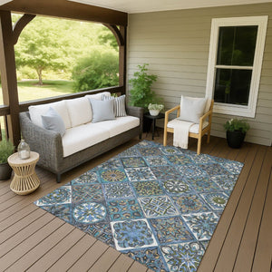HomeRoots 10' Denim Blue and Green Patchwork Area Rug - Durable, Washable, Indoor/Outdoor, Stain-Resistant! 640633