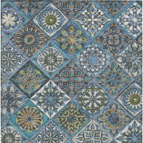 HomeRoots 10' Denim Blue and Green Patchwork Area Rug - Durable, Washable, Indoor/Outdoor, Stain-Resistant! 640633