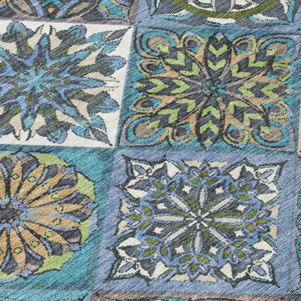 HomeRoots 10' Denim Blue and Green Patchwork Area Rug - Durable, Washable, Indoor/Outdoor, Stain-Resistant! 640633