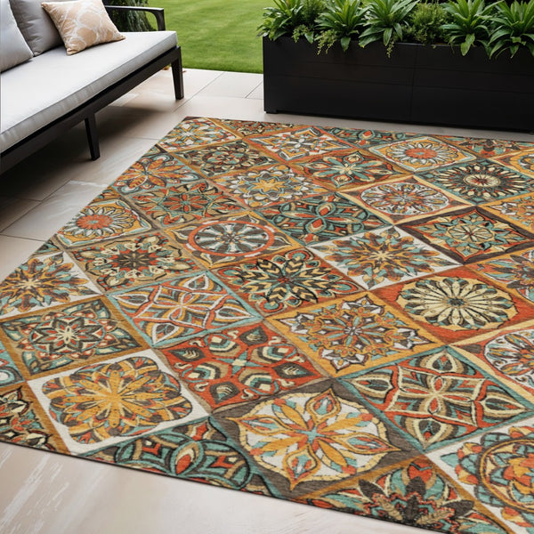 HomeRoots 5' Vibrant Gold and Orange Patchwork Area Rug - Washable, Durable, Indoor/Outdoor Comfort for All Spaces 640635