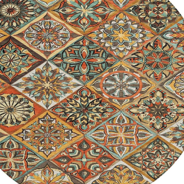 HomeRoots 8' Vibrant Gold and Orange Round Patchwork Rug - Washable, Durable, Indoor/Outdoor Area Essential! 640636