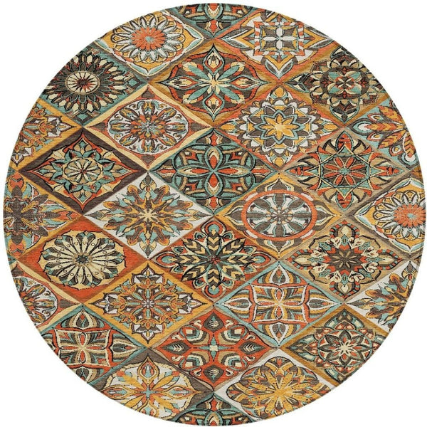 HomeRoots 8' Vibrant Gold and Orange Round Patchwork Rug - Washable, Durable, Indoor/Outdoor Area Essential! 640636