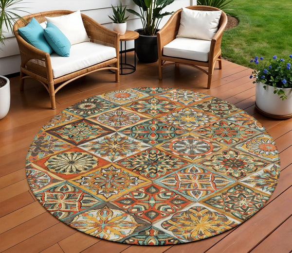 HomeRoots 8' Vibrant Gold and Orange Round Patchwork Rug - Washable, Durable, Indoor/Outdoor Area Essential! 640636