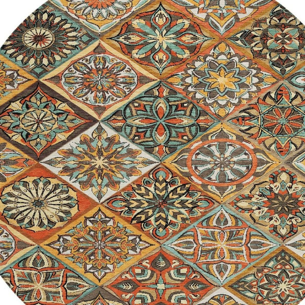 HomeRoots 8' Vibrant Gold and Orange Round Patchwork Rug - Washable, Durable, Indoor/Outdoor Area Essential! 640636
