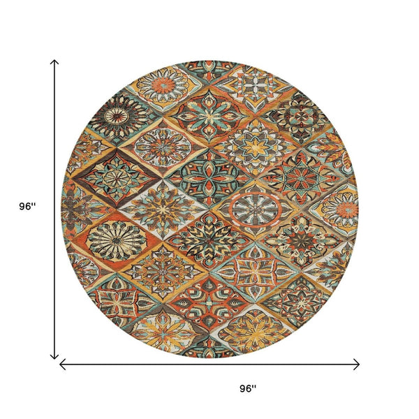 HomeRoots 8' Vibrant Gold and Orange Round Patchwork Rug - Washable, Durable, Indoor/Outdoor Area Essential! 640636