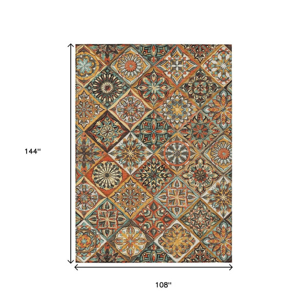 HomeRoots 9' X 12' Vibrant Gold and Orange Patchwork Area Rug – Washable, Durable, Perfect for Indoor/Outdoor Use 640638
