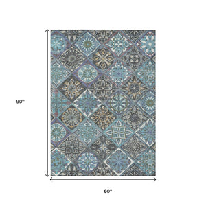 HomeRoots 5' Indoor Outdoor Teal Blue and Ivory Patchwork Area Rug – Stylish, Washable, Durable for All Spaces 640641