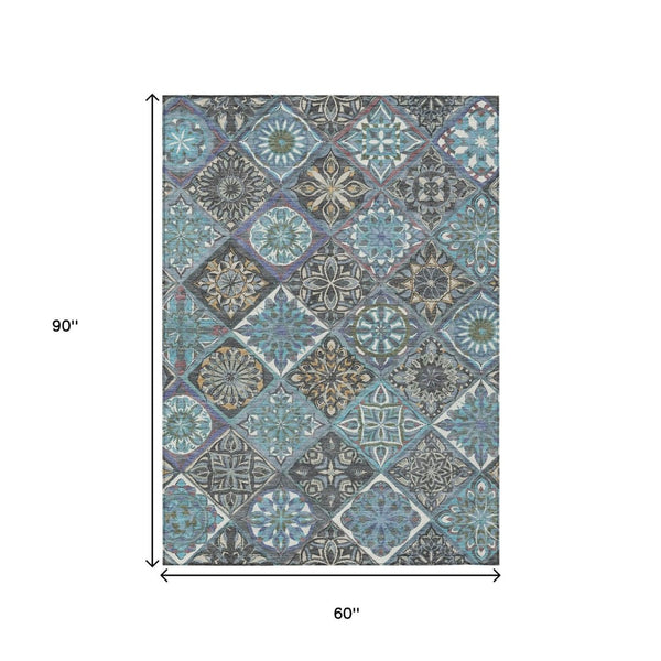HomeRoots 5' Indoor Outdoor Teal Blue and Ivory Patchwork Area Rug – Stylish, Washable, Durable for All Spaces 640641