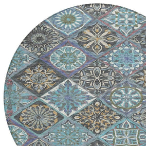 HomeRoots 8' Teal Blue and Ivory Round Patchwork Rug - Washable, Durable Indoor/Outdoor Area Rug for Any Space 640642