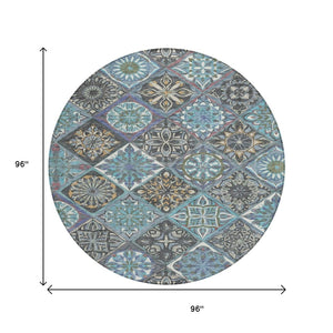 HomeRoots 8' Teal Blue and Ivory Round Patchwork Rug - Washable, Durable Indoor/Outdoor Area Rug for Any Space 640642