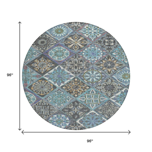 HomeRoots 8' Teal Blue and Ivory Round Patchwork Rug - Washable, Durable Indoor/Outdoor Area Rug for Any Space 640642