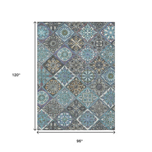 HomeRoots 8' X 10' Teal Blue & Ivory Patchwork Area Rug - Washable, Durable, Versatile for Indoor & Outdoor Use 640643