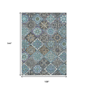 HomeRoots 9' Teal Blue and Ivory Patchwork Area Rug - Washable, Durable, Indoor/Outdoor, Perfect for High-Traffic Spaces 640644