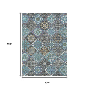 HomeRoots 10' X 14' Teal Blue & Ivory Patchwork Indoor-Outdoor Rug - Durable, Stylish, Washable & Versatile! 640645