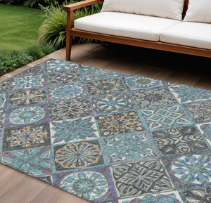 HomeRoots 10' X 14' Teal Blue & Ivory Patchwork Indoor-Outdoor Rug - Durable, Stylish, Washable & Versatile! 640645