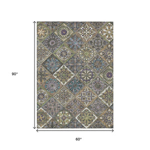 HomeRoots 5' X 8' Taupe & Green Patchwork Rug – Stylish, Washable, Durable for Indoor/Outdoor Spaces! 640647