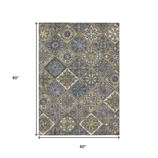 HomeRoots 5' X 8' Taupe & Green Patchwork Rug – Stylish, Washable, Durable for Indoor/Outdoor Spaces! 640647
