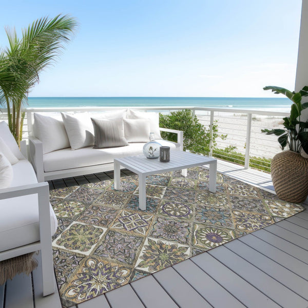 HomeRoots 5' X 8' Taupe & Green Patchwork Rug – Stylish, Washable, Durable for Indoor/Outdoor Spaces! 640647