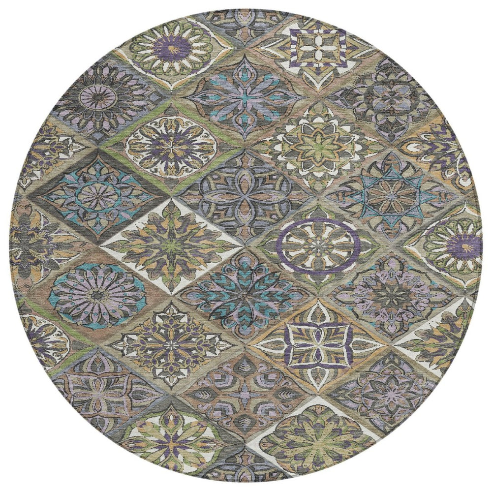 HomeRoots 8' Taupe and Green Round Patchwork Area Rug – Stylish, Washable, Water-Resistant for Indoor & Outdoor Use 640648