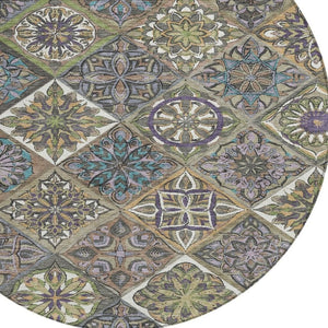 HomeRoots 8' Taupe and Green Round Patchwork Area Rug – Stylish, Washable, Water-Resistant for Indoor & Outdoor Use 640648