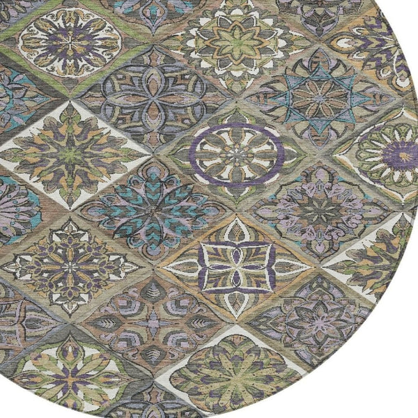 HomeRoots 8' Taupe and Green Round Patchwork Area Rug – Stylish, Washable, Water-Resistant for Indoor & Outdoor Use 640648
