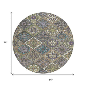 HomeRoots 8' Taupe and Green Round Patchwork Area Rug – Stylish, Washable, Water-Resistant for Indoor & Outdoor Use 640648