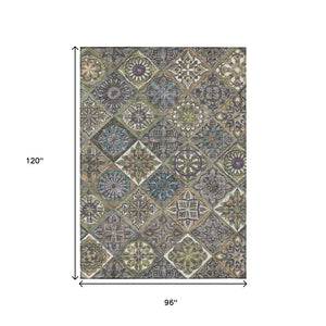 HomeRoots 8' X 10' Washable Taupe and Green Patchwork Area Rug - Durable, Stain-Resistant for Indoor/Outdoor Use 640649