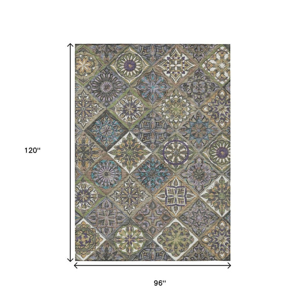 HomeRoots 8' X 10' Washable Taupe and Green Patchwork Area Rug - Durable, Stain-Resistant for Indoor/Outdoor Use 640649