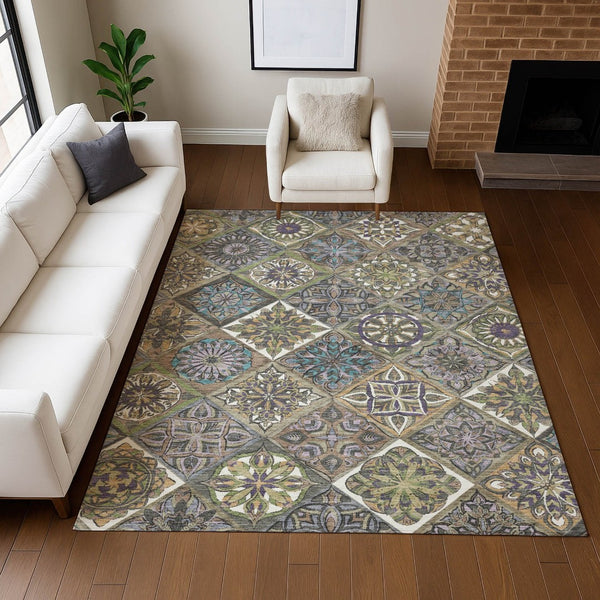 HomeRoots 8' X 10' Washable Taupe and Green Patchwork Area Rug - Durable, Stain-Resistant for Indoor/Outdoor Use 640649