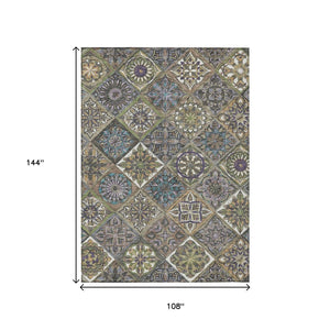 HomeRoots 9' Taupe and Green Patchwork Area Rug - Washable, Durable Indoor/Outdoor Design for Any Space 640650