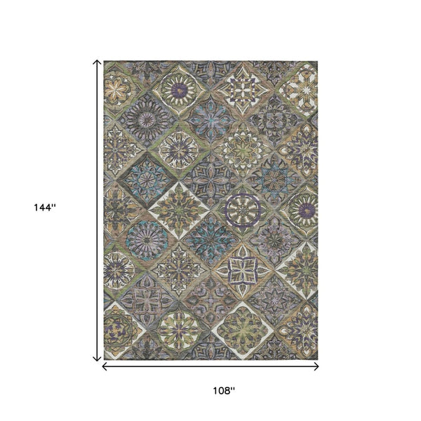 HomeRoots 9' Taupe and Green Patchwork Area Rug - Washable, Durable Indoor/Outdoor Design for Any Space 640650